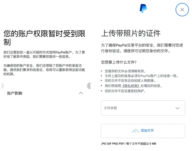 PayPal账户受限 身份验证