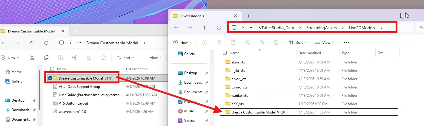 Move Dreava model folder to VTS Live2dModel directory