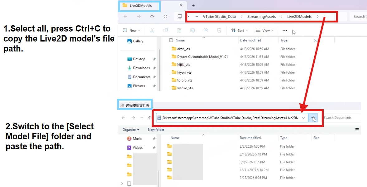 Step 1 of 3 &ndash; copy Live2dModel folder path for Dreava model